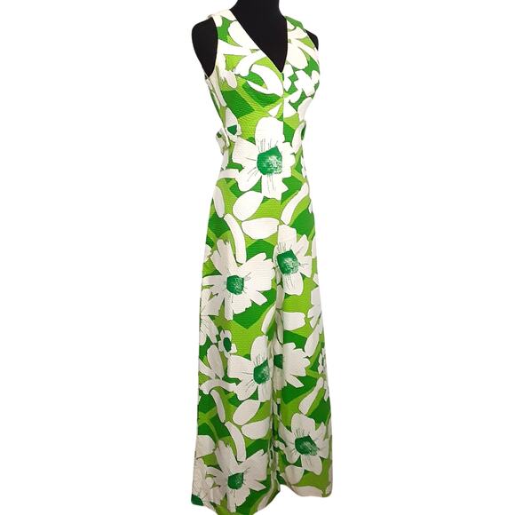 Vintage 1960s Kahala Hawaii Mod Floral Wide Leg Jumpsuit Lime Green Psychedelic - Picture 3 of 16